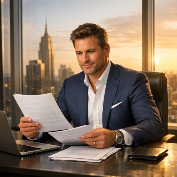 Business owner reviewing documents at a modern desk with city view